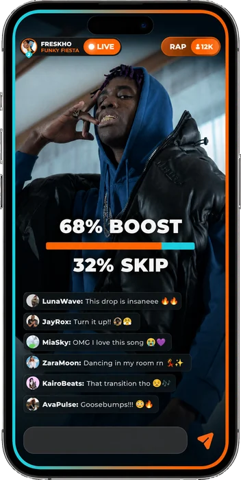 The Dova live results screen, showing a track at 68 percent boost and 32 percent skip alongside fan comments