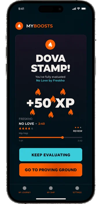 The Dova My Boosts screen, awarding a Dova Stamp and 50 XP for a fully evaluated track